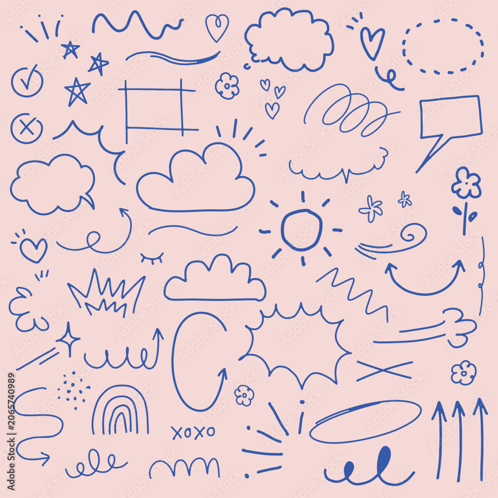 Obraz premium Vector of hand-drawn doodles including clouds, arrows, and speech bubbles.