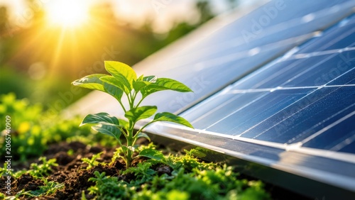 Young Plant Growing Beside Solar Panel Symbolizing Sustainable Green Energy