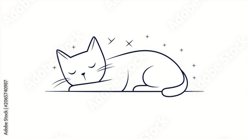 Vector minimalist design shows a cat sleeping with zzz symbols created in a clean and simple artistic style reflecting a quiet moment