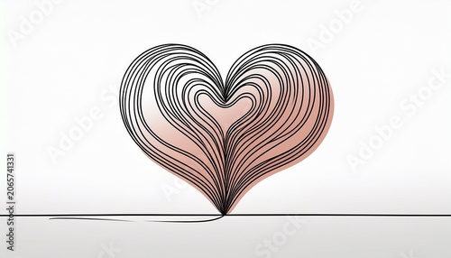 single doodle heart continuous wavy line art drawing on white background