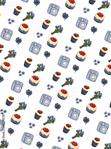 Cozy aesthetic seamless pattern featuring strawberry cupcakes, blue tulip bouquets, vintage instant camera, and hydrangeas on white background