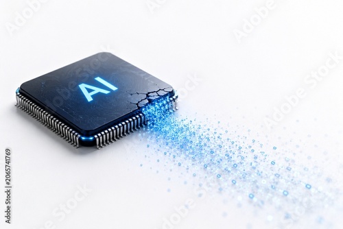 AI Memory Leak Concept with Damaged Microchip Losing Digital Data Particles