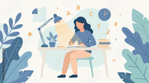 Tableau sur toile Flat vector illustration of woman studying at desk, education concept