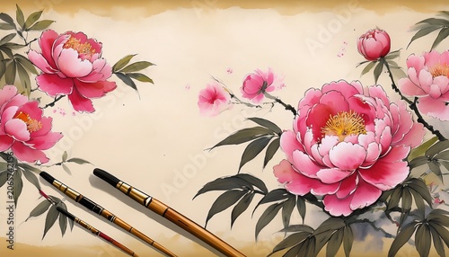 peony in the style of traditional chinese painting sumi e wu xing guo hua an image on rice paper with flowers and brushes training in oriental painting