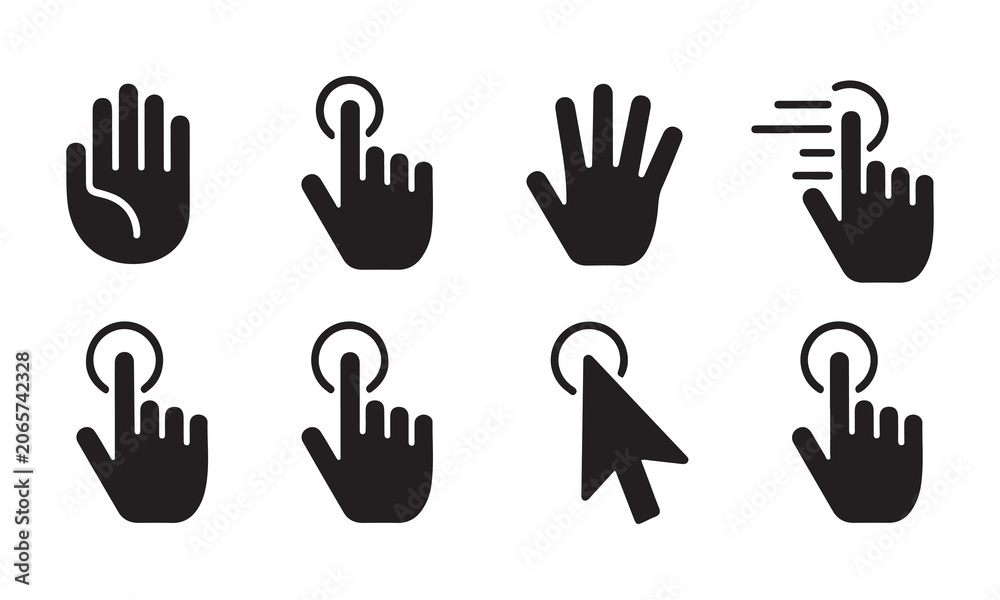Fototapeta premium Eight black icons showing hand gestures computer cursor and mouse for interface design.