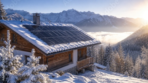 Snow Covered Alpine Chalet with Rooftop Solar Panels in Winter Mountain Landscape