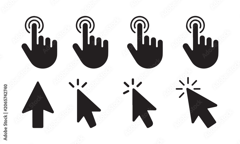 Fototapeta premium Computer mouse cursor arrow and hand icons set for web design clicking selection actions and user interface navigation.