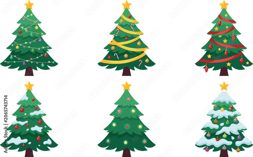Fototapeta premium Decorated Christmas Tree Vector Icon Set with Garlands Star Toppers Baubles Ribbons and Snow for Winter Holiday Carnival and Festive Greeting Card Graphic Designs