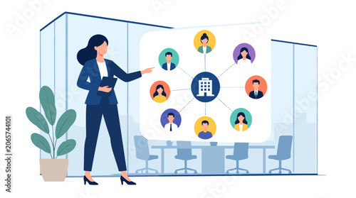 Business presenter displays avatar network diagram in conference room.