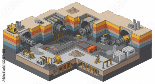 Photos Isometric view of underground mining operation with tunnels and machinery