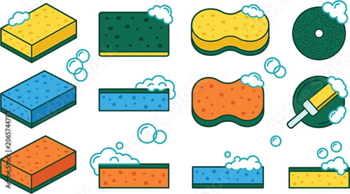 Valokuva Colorful cleaning sponge vector set with soapy foam bubbles scouring pads and br
