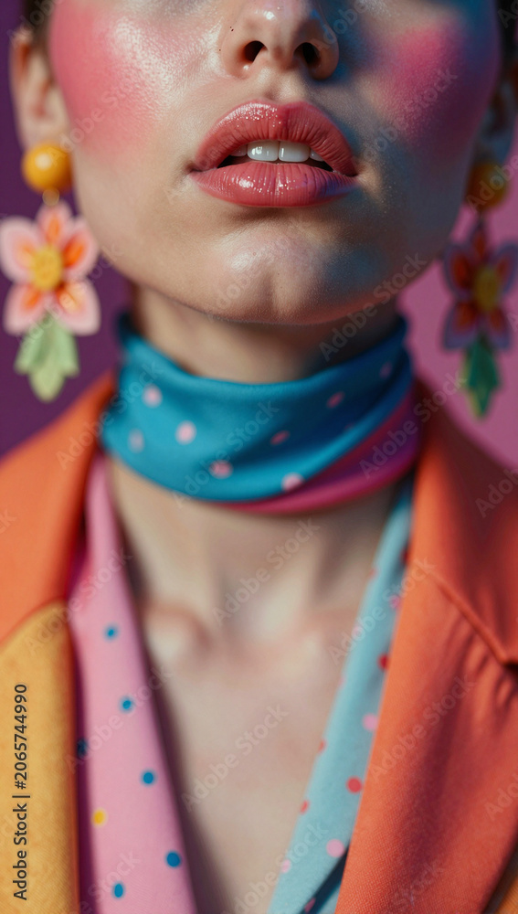 Obraz premium Colorful portrait of a woman with vibrant makeup and accessories.