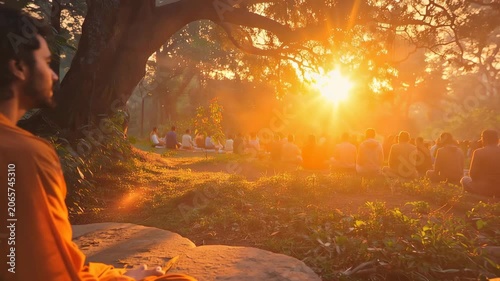 Monk in orange robe meditates with large spiritual group in serene forest at beautiful golden sunrise.