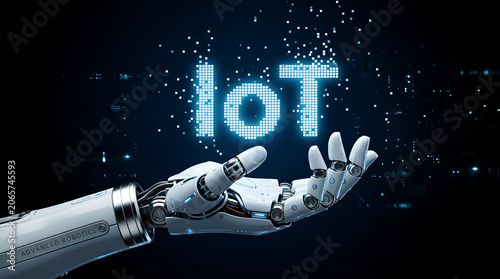Robotic hand holding glowing blue digital text I O T against dark background technology