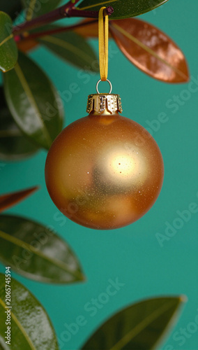 Golden Christmas ornament hanging among green leaves.