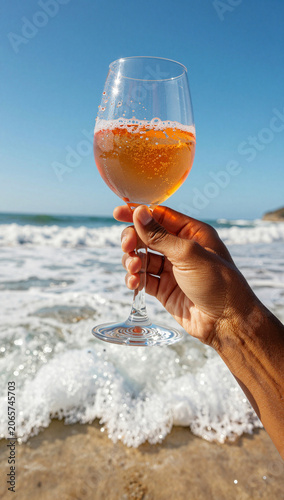 Hand holds a glass of bubbly on a sunny beach.