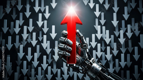 Robotic hand holding red upward arrow amidst falling gray arrows image