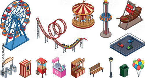 Konstfotografi Isometric Amusement Park Vector Element Set with Roller Coaster Ferris Wheel Car