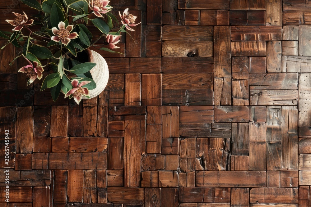 Fototapeta premium Pink protea flowers decorating rustic wooden table viewed from above