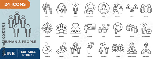 Foto Human & people line icon set with editable stroke for people, family, human, pop
