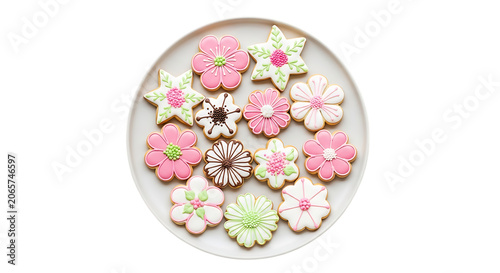 Assorted floral sugar cookies with colorful icing details on transparent background flowers baked dessert treats confectionery pastry sweet