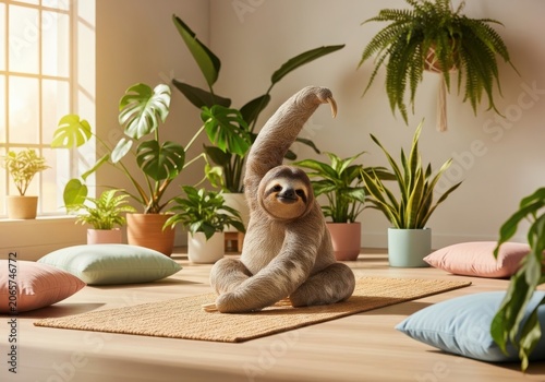A cute sloth practicing yoga in a bright, plantfilled room