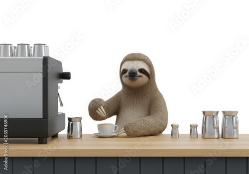A cute 3d rendered sloth barista preparing a fresh cup of coffee at a wooden counter isolated on white background