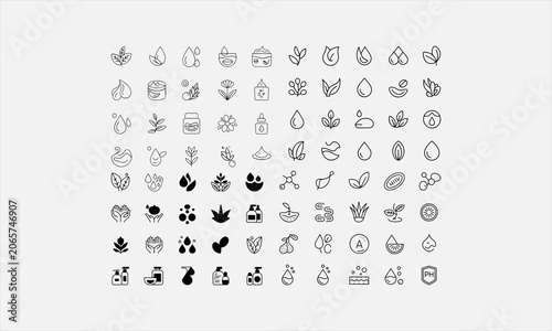 Cosmetic Compounds. Active Ingredients, Sensitive Skin, Collagen, Aloe Vera, Vitamin C, Retinol, Antioxidants .line art icin set vector illustration
