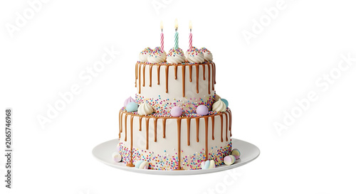 Two tiered birthday cake with buttercream frosting sprinkles and lit candles on transparent background dessert sweet pastry confectionery