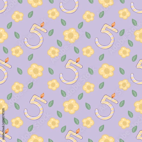 Seamless pattern of Birthday candle numbers and decor flower pastel color style cute, Hand drawn watercolor illustration. For menus, labels, paper, textiles and seasonal fabric.  