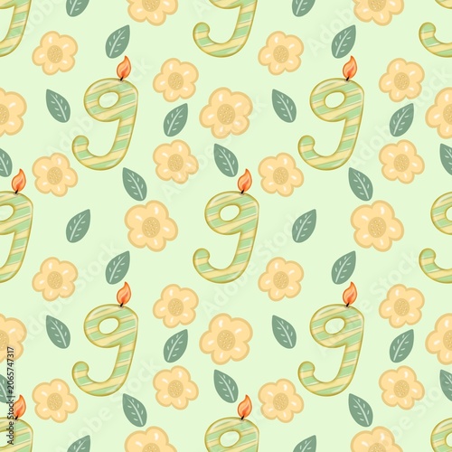 Seamless pattern of Birthday candle numbers and decor flower pastel color style cute, Hand drawn watercolor illustration. For menus, labels, paper, textiles and seasonal fabric.  