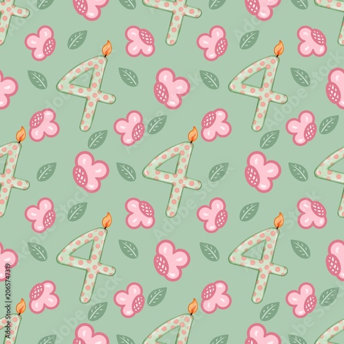 Seamless pattern of Birthday candle numbers and decor flower pastel color style cute, Hand drawn watercolor illustration. For menus, labels, paper, textiles and seasonal fabric.  