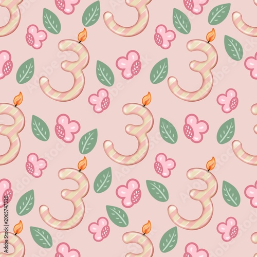 Seamless pattern of Birthday candle numbers and decor flower pastel color style cute, Hand drawn watercolor illustration. For menus, labels, paper, textiles and seasonal fabric.  