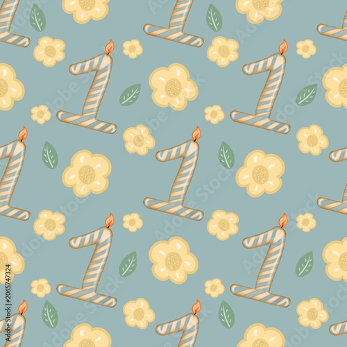 Seamless pattern of Birthday candle numbers and decor flower pastel color style cute, Hand drawn watercolor illustration. For menus, labels, paper, textiles and seasonal fabric.  