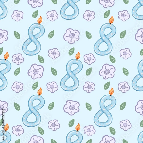 Seamless pattern of Birthday candle numbers and decor flower pastel color style cute, Hand drawn watercolor illustration. For menus, labels, paper, textiles and seasonal fabric.  