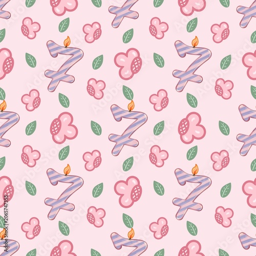 Seamless pattern of Birthday candle numbers and decor flower pastel color style cute, Hand drawn watercolor illustration. For menus, labels, paper, textiles and seasonal fabric.  