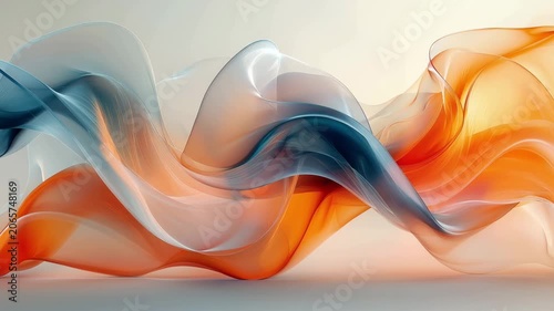 Dynamic abstract wave motion with vibrant orange and blue translucent flowing shapes against a light background.
