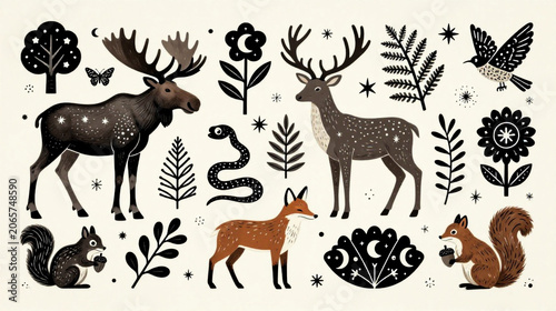 Forest animals, wildlife icons, woodland creatures, illustration set