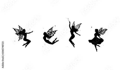 Φωτογραφία Four fairies dancing and jumping in mid-air with wings spread Vector