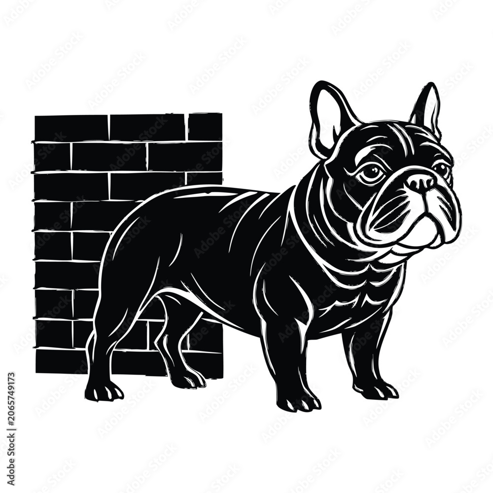 Fototapeta premium Cute bulldog standing confidently near brick wall