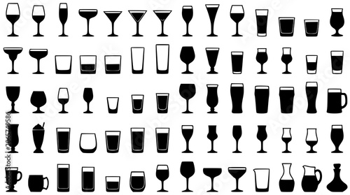 Large Collection of Drinking Glass Silhouettes Featuring Wine Glasses Champagne Flutes Martini Glasses and Cocktail Tumblers