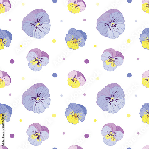 vector seamless pattern with viola flowers, wild pansies, on a yellow background