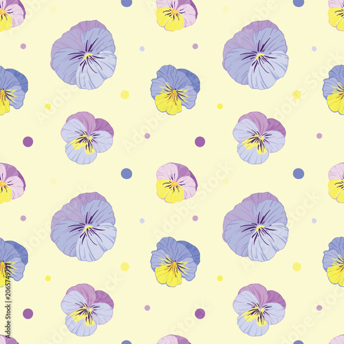 vector seamless pattern with viola flowers, wild pansies, on a yellow background