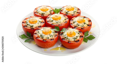 Stuffed tomatoes with eggs and cheese garnished with parsley presented on a white plate on transparent background tomato