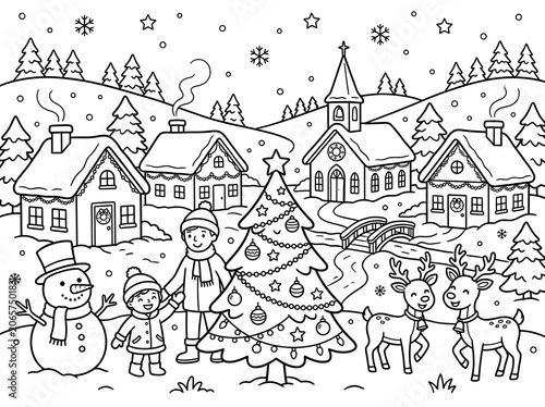 Winter holiday scene with snowman and tree.