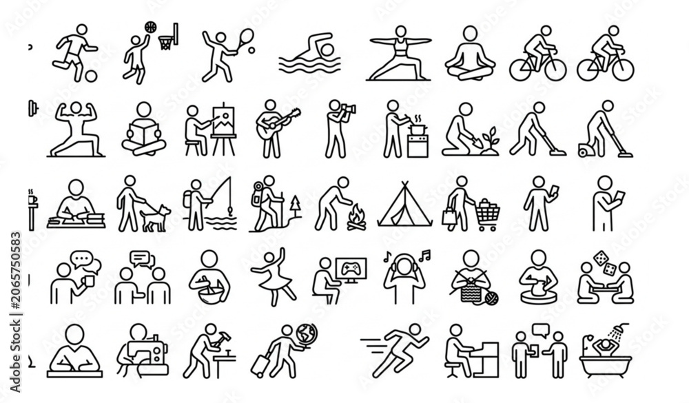 Naklejka premium Active People Line Art Vector Collection with Sports Fitness and Everyday Activity Icons