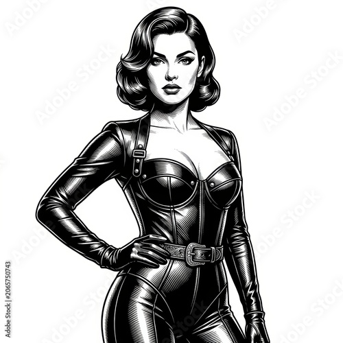 Confident woman posing in a structured high-fashion outfit, bold editorial portrait with modern pin-up inspired styling, detailed black and white vector illustration.
