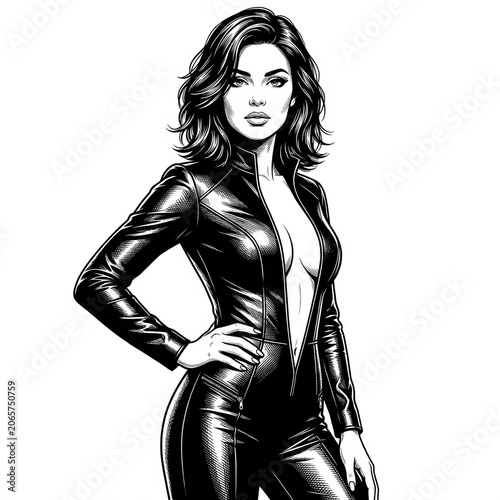 Confident woman posing in a structured high-fashion outfit, bold editorial portrait with modern pin-up inspired styling, detailed black and white vector illustration.