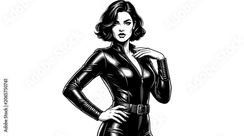 Confident woman posing in a structured high-fashion outfit, bold editorial portrait with modern pin-up inspired styling, detailed black and white vector illustration.