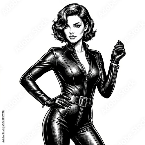 Confident woman posing in a structured high-fashion outfit, bold editorial portrait with modern pin-up inspired styling, detailed black and white vector illustration.